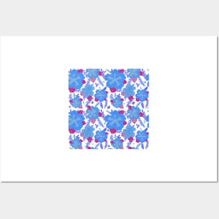 Tropical Hibiscus Flower Pattern Blue Posters and Art